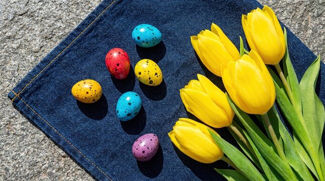 Colorful easter eggs arranged with bright yellow tulips on a dark blue fabric background in a cheerful spring setting with alongside fresh yellow