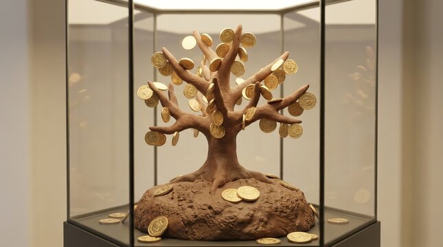 Clay like tree displayed in glass case with golden coins symbolizing wealth with showcases decorative clay, adorned golden, inside glass, prosperity