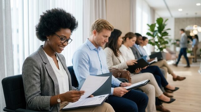 A group of multiethnic job applicants reviewing their resumes while waiting for an interview.