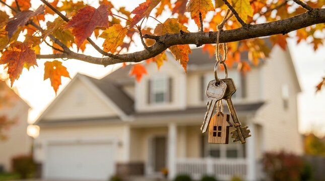 House keys hanging from a branch with colorful autumn leaves in the background of a cozy home with suspended branch amidst, vibrant autumn foliage