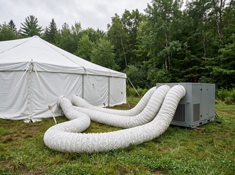 Industrial Portable HVAC Unit with Flexible Ductwork Cooling a Large White Event Tent