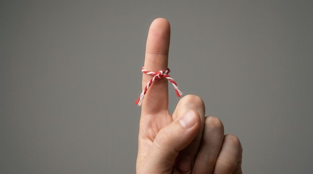 Detailed view of a decorative red and white string tied on a finger.