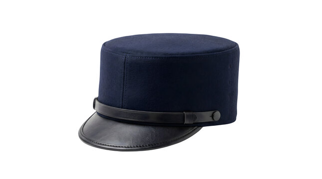 Vintage navy blue kepi hat with black leather visor, traditional military uniform cap, classic french style officer headwear isolated on white