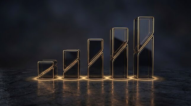 Abstract 3d bars representing growth and progression in a modern stylish design with a dark background with illuminated against dark backdrop
