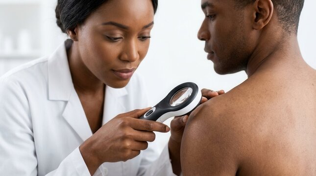 Medical professional using a magnifying device to inspect skin pigment on a man's back.