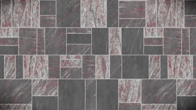 Abstract pattern background, dark charcoal and light stone tiles featuring red accents, rough textured seamless loop motion graphic