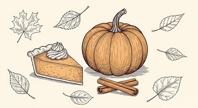 Thanksgiving pumpkin pie slices with autumn foliage sketch, thanksgiving