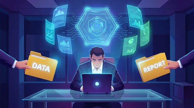 Businessman analyzing data on laptop while receiving reports in a modern office environment with depicts focused businessman, receiving documents sleek