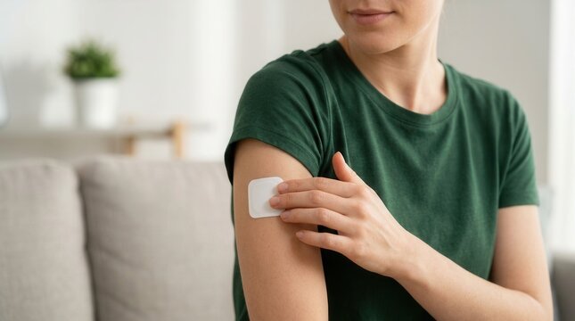 Woman applying a hormone patch treatment to her skin.