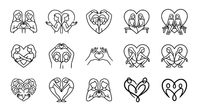 Twin Flames Heart Icons: Soulmate Connection, Love, Friendship, Unity - Line Art Collection