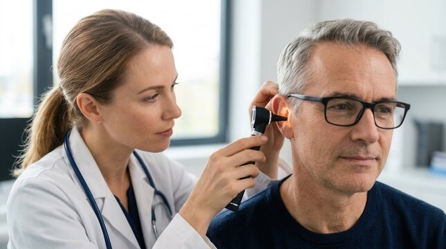 Medical professional conducting an ear check with an otoscope for a male patient.