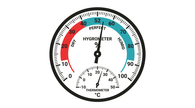 Round analog hygrometer and thermometer gauge showing humidity levels with a needle on white background