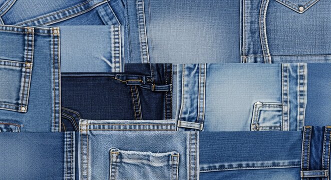 Seamless collage of various blue denim fabric textures featuring pockets, seams, rivets, and stitching details in a patchwork grid pattern