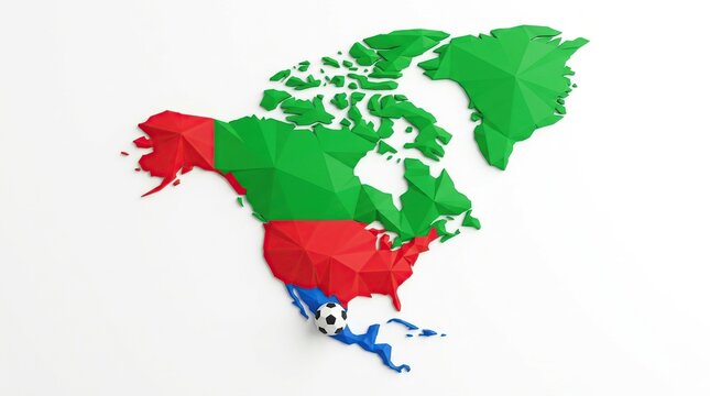 Low poly 3d render of north america featuring vibrant colors and a soccer ball in a geometric style on a clean background