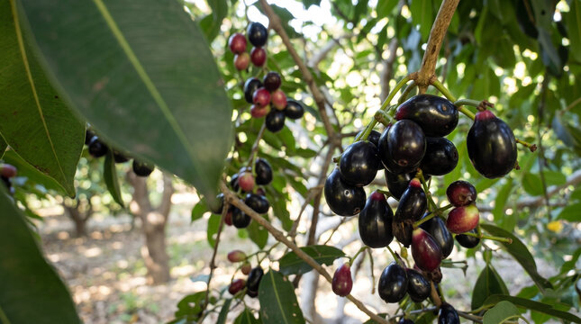 Clusters of ripe dark purple Java Plum berries, locally known as Njavalpazham or Njarappazham, hanging on a tree branch with lush green leaves in an orchard during harvest.