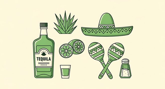 Mexican tequila drink set illustration with sombrero beverage traditional
