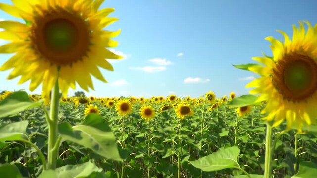 Close-up of single yellow sunflower in focus against blurred field of blooming sunflowers under clear blue sky with light clouds on sunny day in agricultural landscape during summer.
