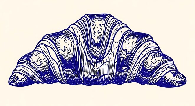 Detailed blue ink croissant illustration with croissant breakfast illustration