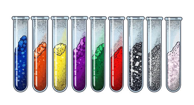 Vector illustration of science lab test tubes filled with colorful mineral crystals, geological soil samples, and chemical powder