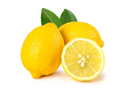 Fresh Yellow Lemons with Slice and Green Leaves Isolated