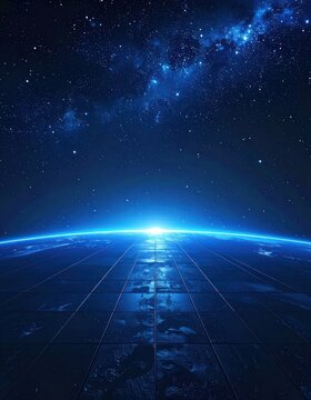 A vibrant blue glowing Earth seen from space at sunrise, with a grid floor receding into the distance.