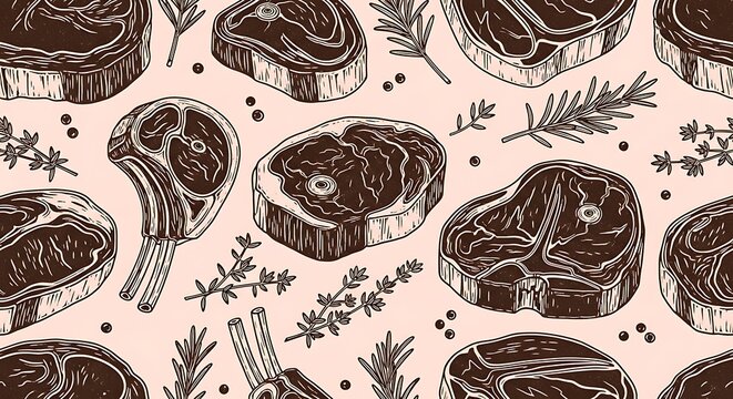 Seamless pattern of steaks and herbs with peppercorns seamless background