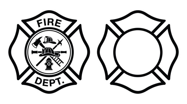 Detailed black and white Maltese cross fire department emblem featuring classic tools and protective gear