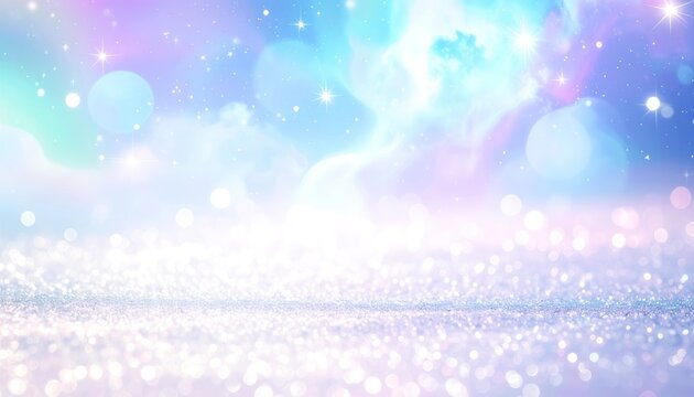 A dreamy, soft-focus background with pastel clouds, stars, and bokeh lights.