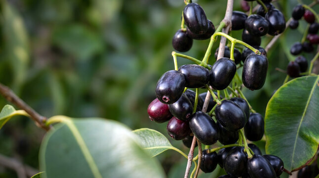 Clusters of ripe dark purple Java Plum berries, locally known as Njavalpazham or Njarappazham, hanging on a tree branch with lush green leaves in an orchard.