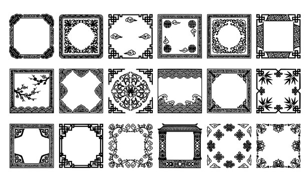 Set of Chinese oriental square frame borders with clouds, flowers, waves, bamboo, and traditional pattern decorative vector elements collection