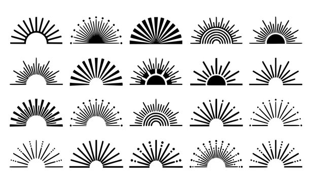 Collection of half sunburst rays and sunrise silhouette icons with minimal boho line pattern vector design elements set