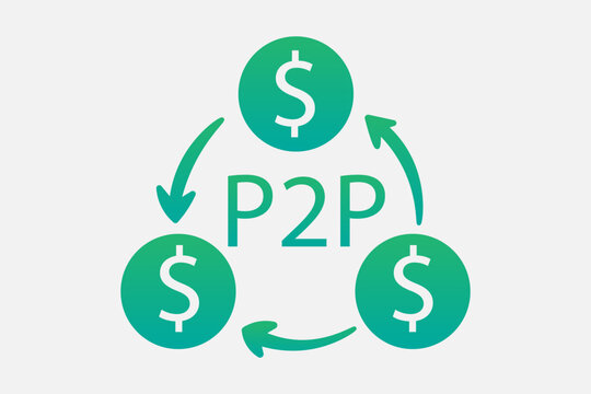 The image features a minimalist conceptual illustration representing Peer-to-Peer (P2P) lending or transactions, set against a plain light grey background.