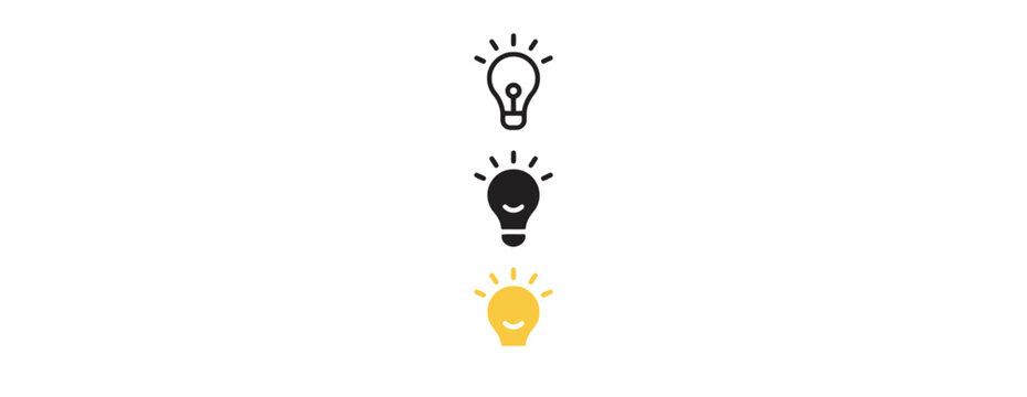 Set of three creative light bulb icons representing innovation and bright ideas in flat design