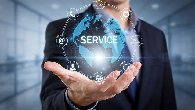 Businessman holding virtual globe with service text and communication icons