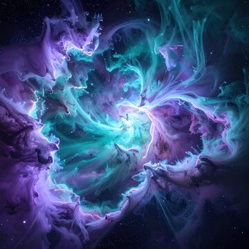 A swirling vortex of vibrant purple and turquoise cosmic gas and dust, illuminated by distant stars.