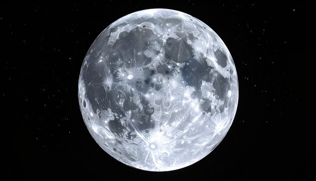 A close-up view of the moon is shown against a backdrop of stars.