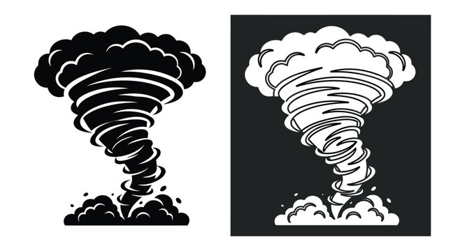 Two artistic tornado icons featuring bold black and white silhouettes with swirling wind patterns and stylized cloud structures isolated on a clean simple graphic background design