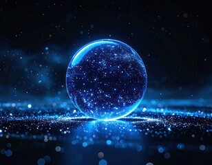 Fototapeta premium A luminous blue sphere filled with tiny glowing particles floats above a shimmering, star-like surface in the dark expanse.