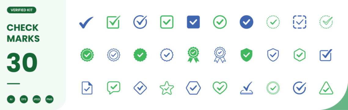 check mark verification icon line and fill style approved success accept vector set