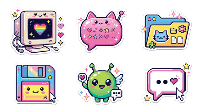 Set of kawaii pixel art icons, featuring retro computer with rainbow heart, cute cat bubble, folder with cat, floppy disk, alien and chat bubble with heart, perfect for digital art and design