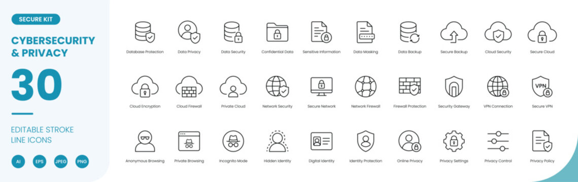 cybersecurity privacy icon line style cloud security data protection editable stroke vector set
