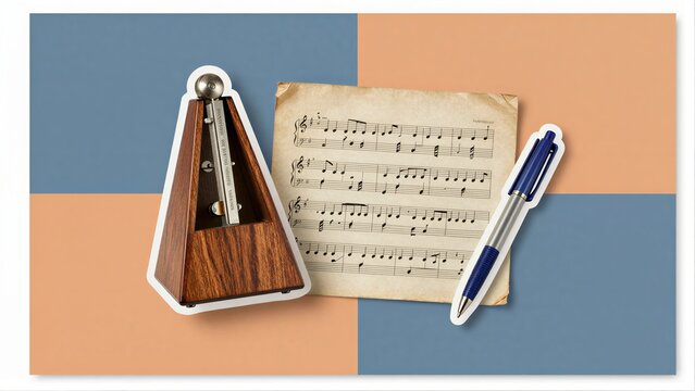 Wooden metronome, sheet music, and pen on colorful background.