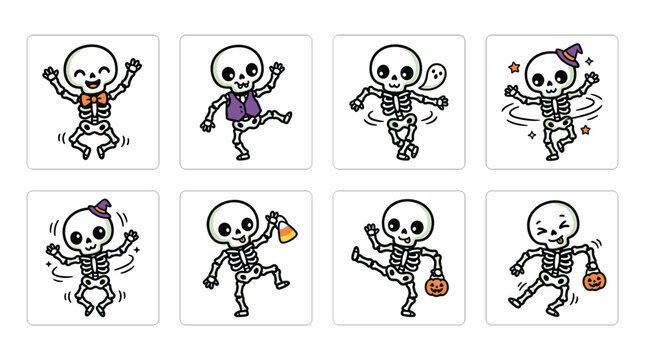Collection of eight pixel art skeletons in various cheerful poses for halloween, isolated on white