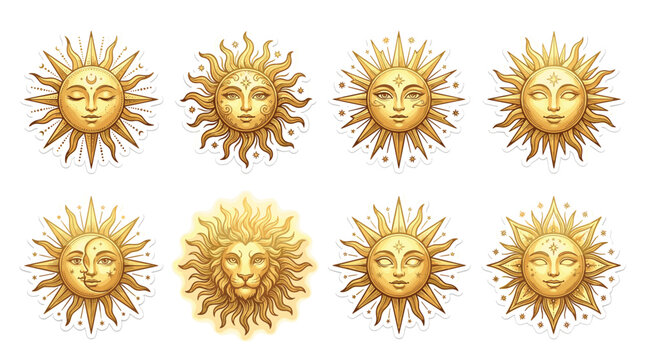 Collection of eight golden sun icons with human faces and astrological symbols, vintage pixel art style, decorative elements for design