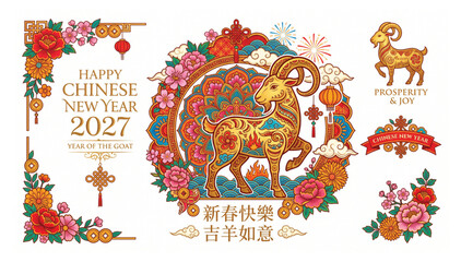 Chinese new year 2027 year of the goat elements and floral decorative frame with traditional festival ornament decorative greeting prosperity illustration celebration horoscope astrology © Shaon