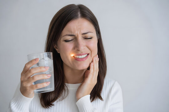 Woman reacting to tooth sensitivity from iced water