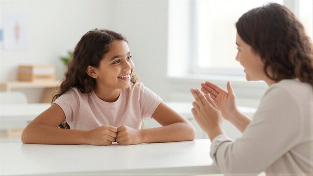 A smiling girl sits at a table, engaging with an adult who claps her hands.