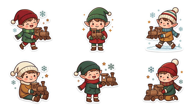 Set of cute pixel art elves with toy trains, wearing winter hats and scarves, children holiday celebration, festive winter characters, graphic elements for Christmas cards and decorations