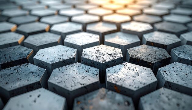 A close-up perspective of a tessellating pattern of hexagonal concrete structures.