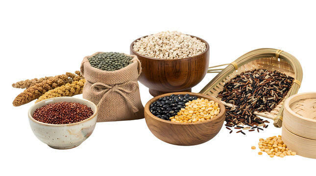 Assortment of grains beans and seeds in bowls and bags on transparent background.